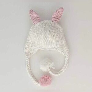 Baby Easter Bunny Ear Knit Hat Beanie White Pink Pom Pom 6-24M Infant Toddler